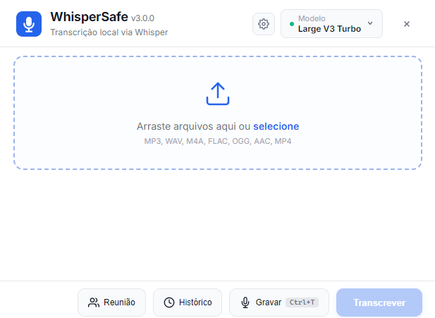 WhisperSafe — tela principal com área de upload e transcrição